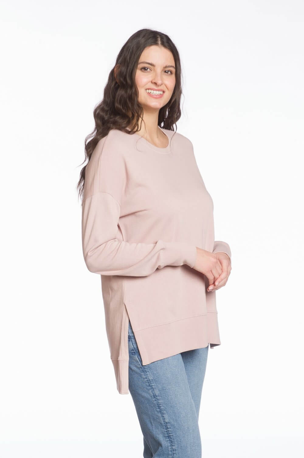 Long Sleeve Crew Neck Top with High-Low Hem and Side Slits - Image 4