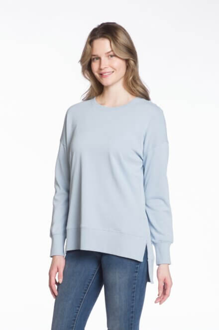 Long Sleeve Crew Neck Top with High-Low Hem and Side Slits