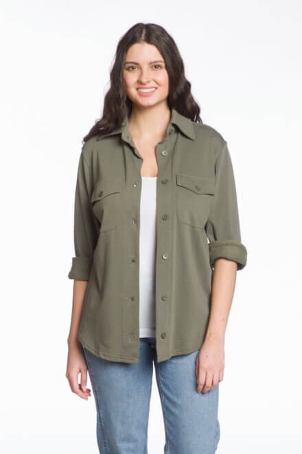 Long Sleeve Button-Up Fleece Shirt Jacket with Chest Pockets