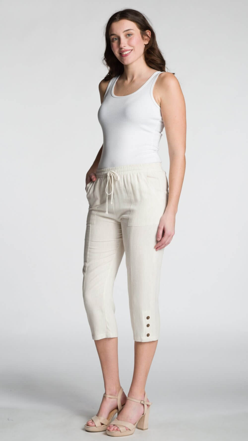 Straight Leg Capri with Button Details, Elastic Waist, Drawstring and Pockets