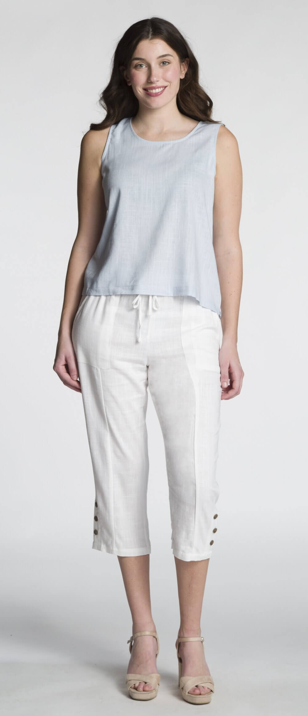 Straight Leg Capri with Button Details, Elastic Waist, Drawstring and Pockets - Image 3