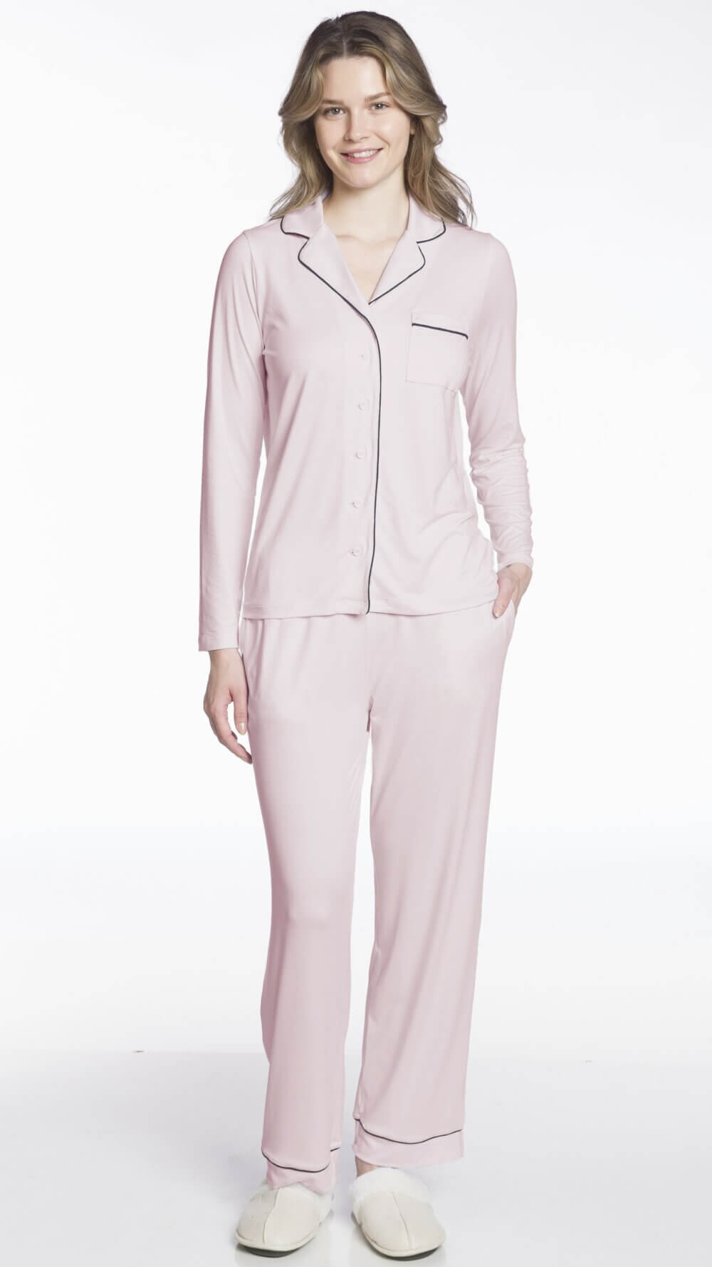Ladies Two Piece PJ Set with Contrast Piping Detail - Image 5