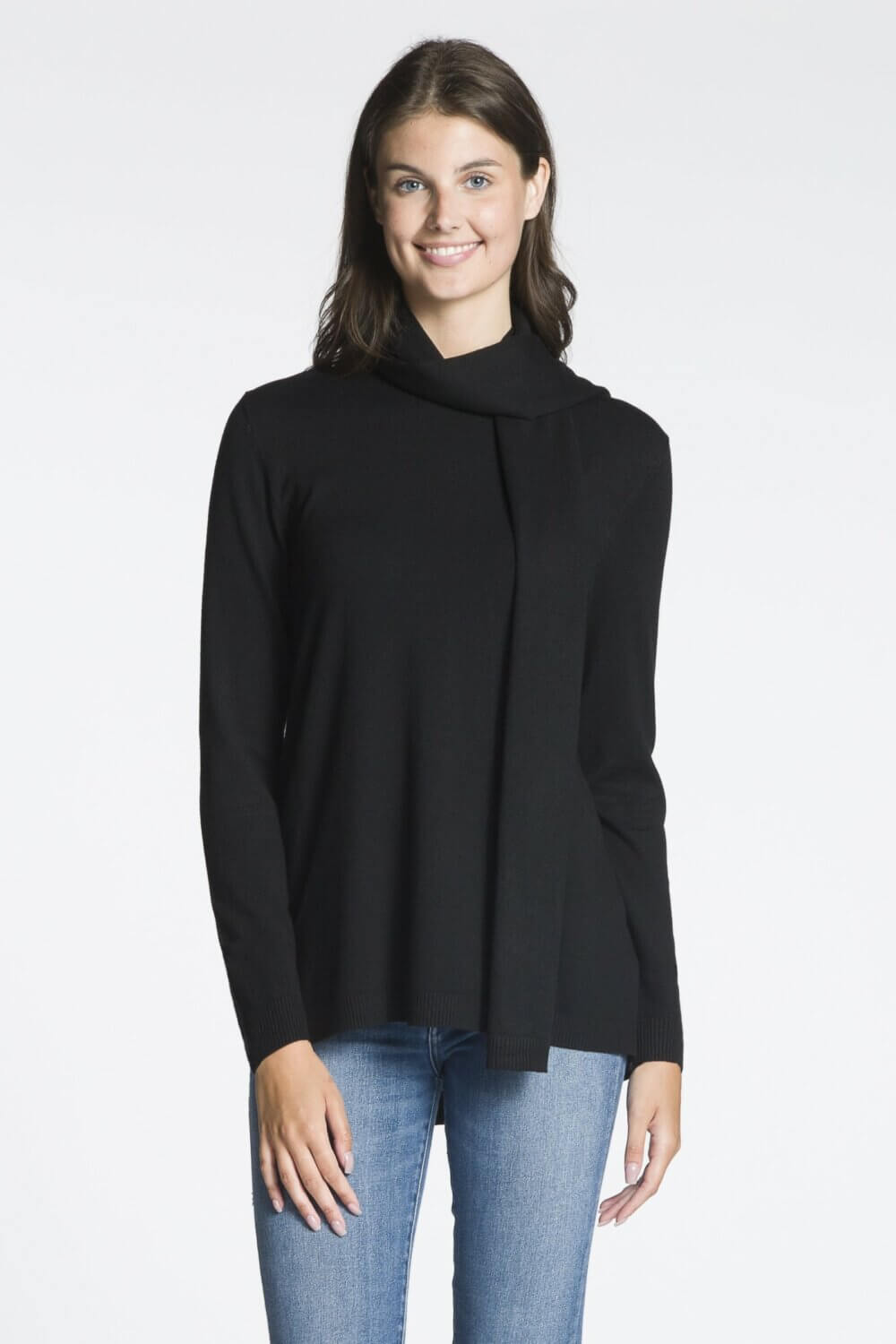 Long Sleeve Crew Neck Sweater with High-Low Hemline and Matching Scarf - Image 2