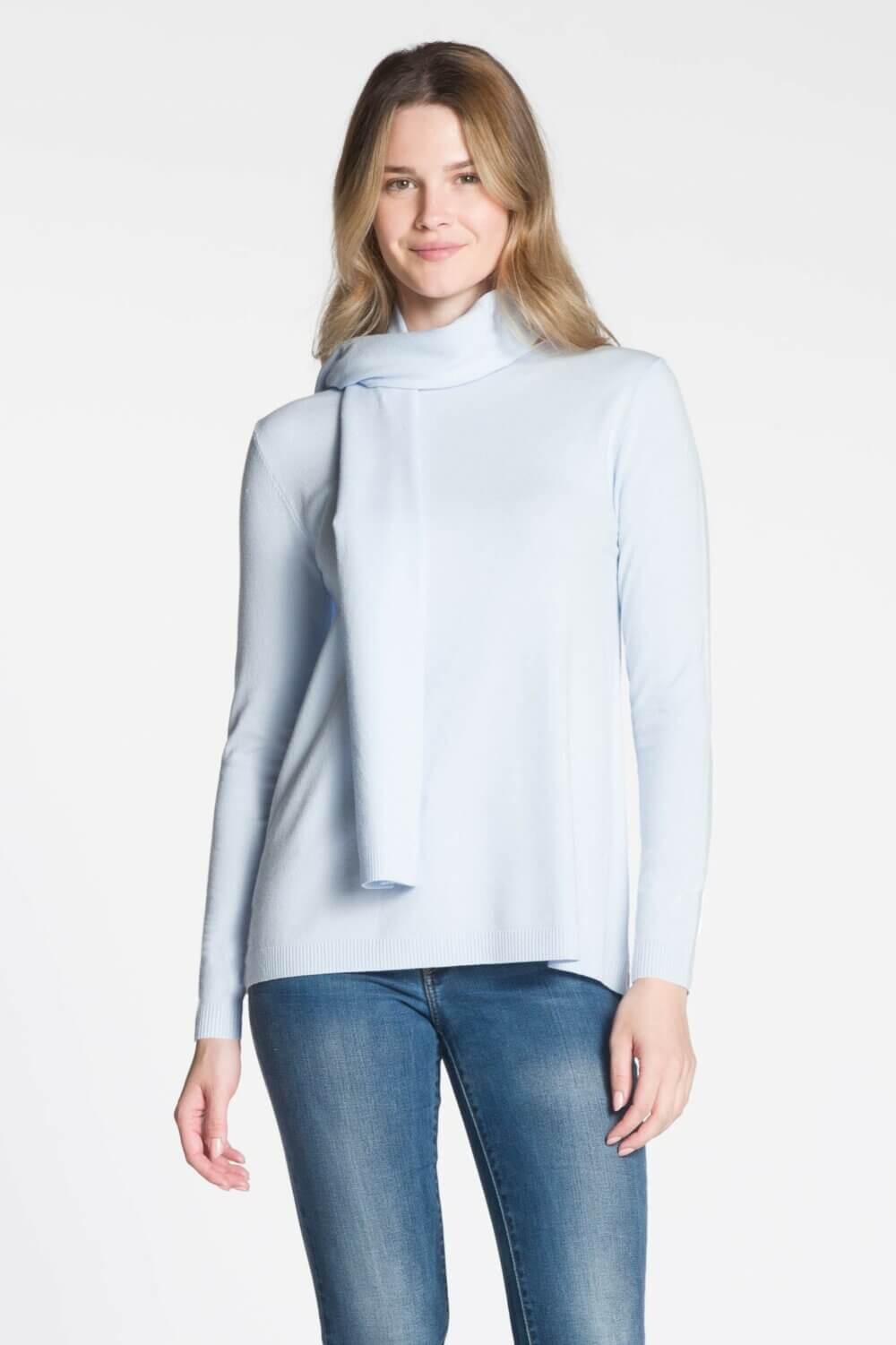 Long Sleeve Crew Neck Sweater with High-Low Hemline and Matching Scarf - Image 6