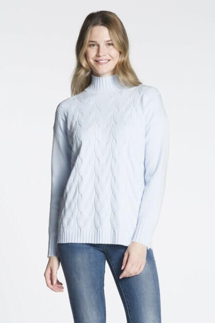 Long Sleeve Mock Neck Sweater with Cable Details on Front Body