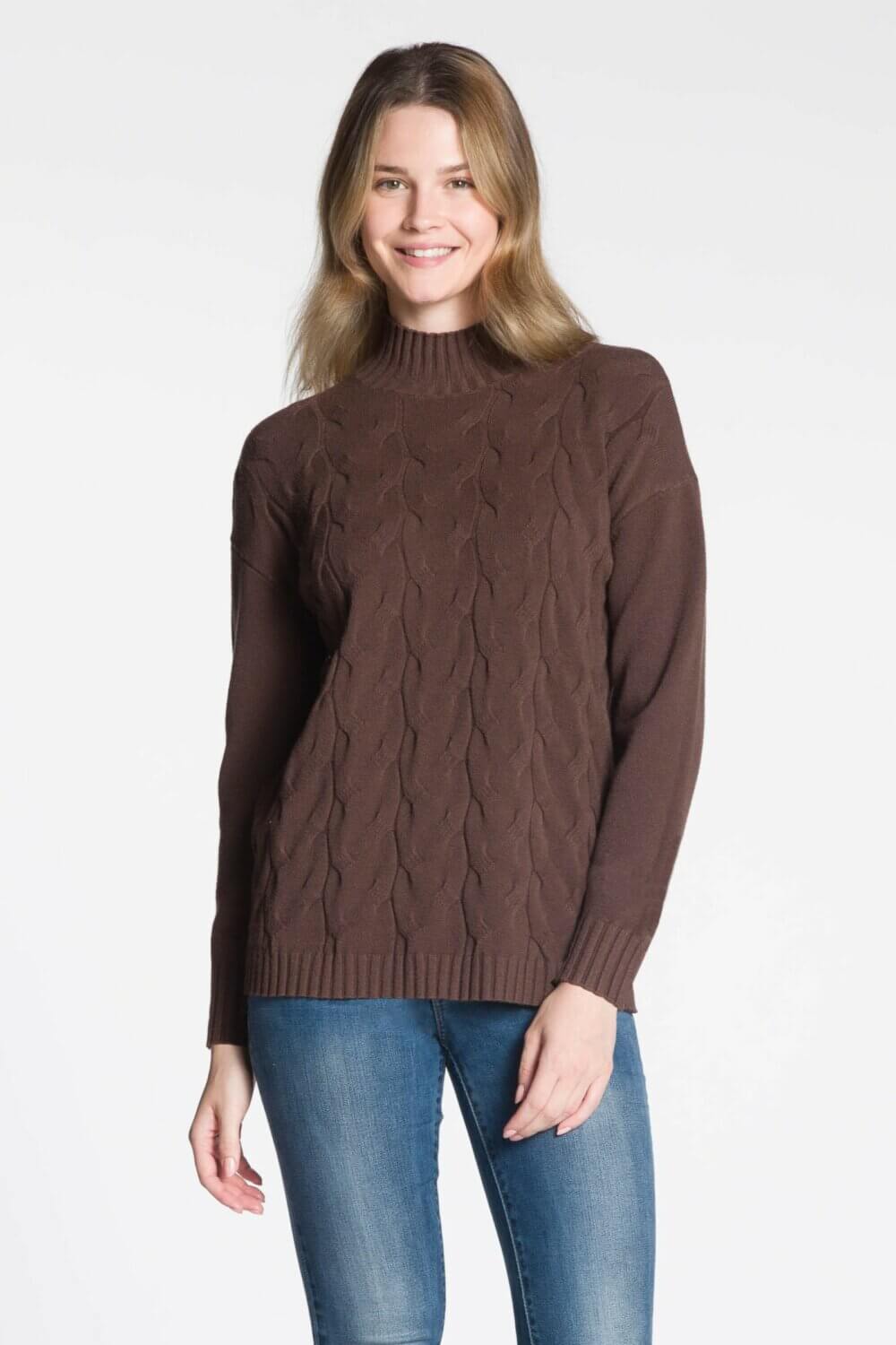 Long Sleeve Mock Neck Sweater with Cable Details on Front Body - Image 2