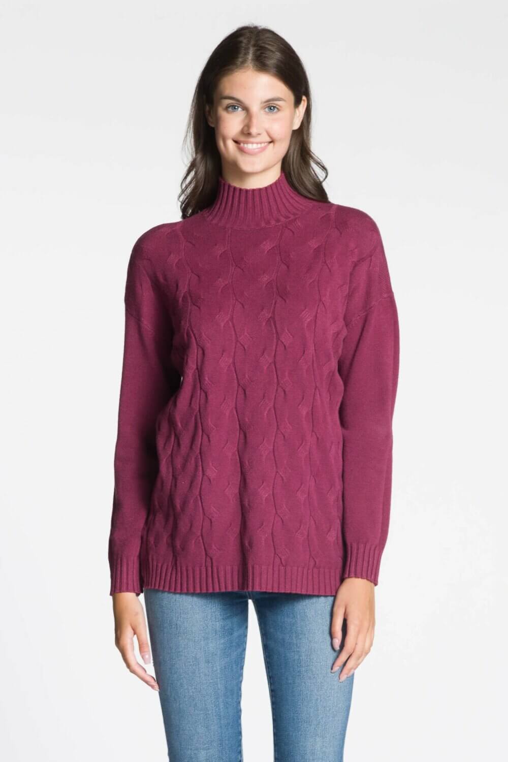 Long Sleeve Mock Neck Sweater with Cable Details on Front Body - Image 3