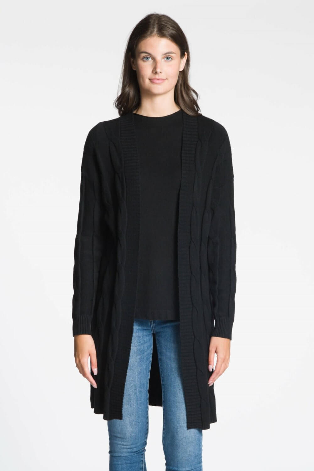Long Body Open Cardigan with Front and Back Cable Detail - Image 2