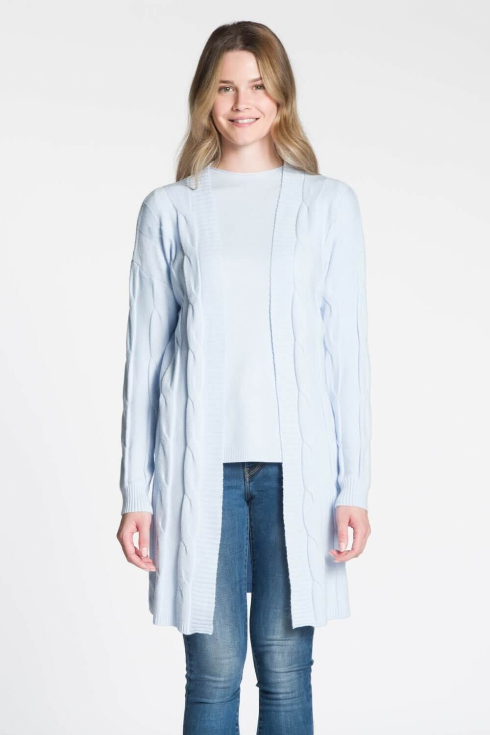 Long Body Open Cardigan with Front and Back Cable Detail - Image 6