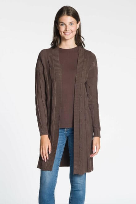 Long Body Open Cardigan with Front and Back Cable Detail