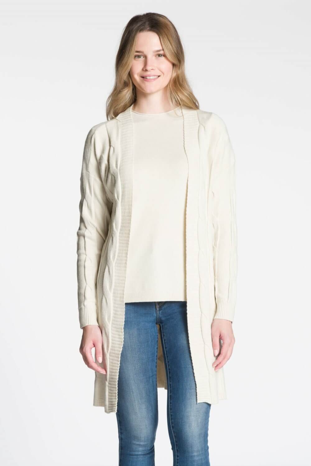 Long Body Open Cardigan with Front and Back Cable Detail - Image 4