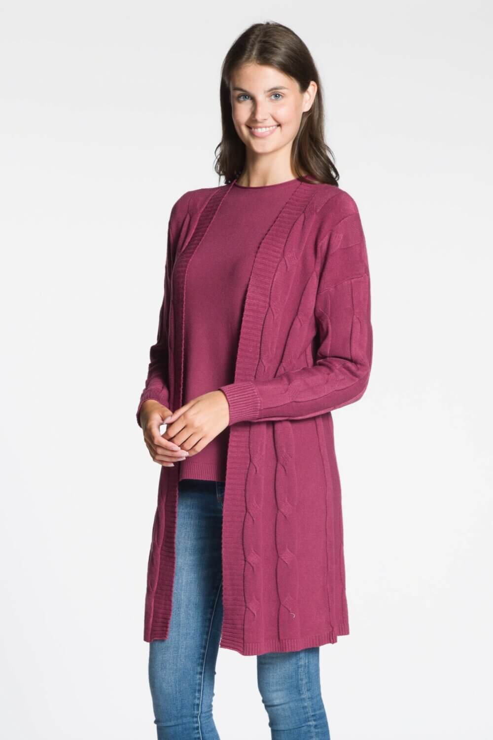 Long Body Open Cardigan with Front and Back Cable Detail - Image 5