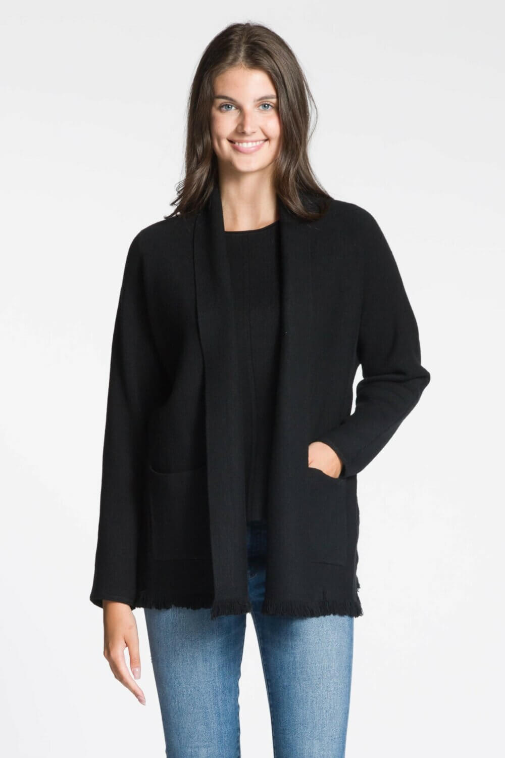 Long Sleeve Open Cardigan with Pockets and Frayed Hem Design - Image 2