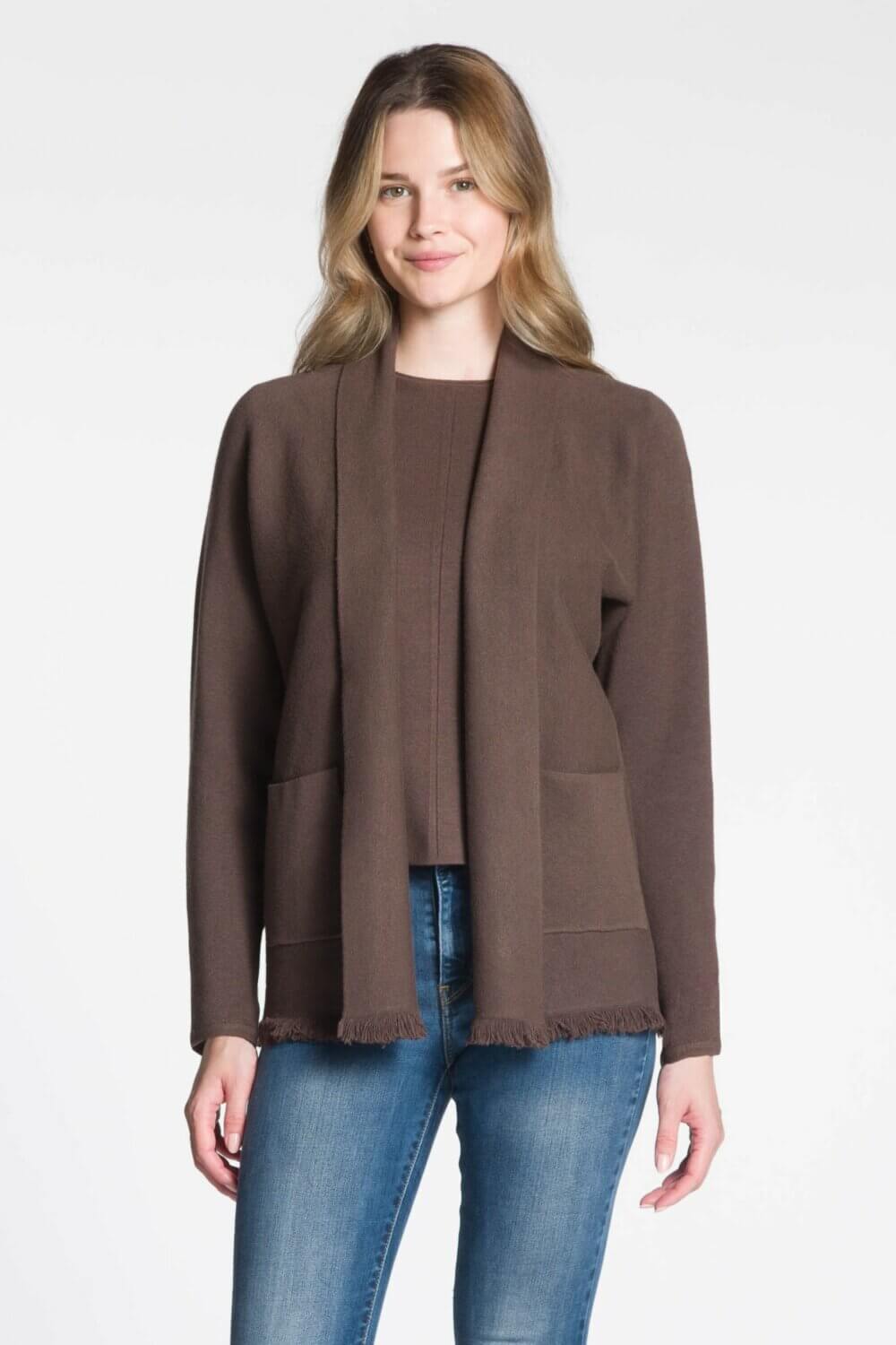Long Sleeve Open Cardigan with Pockets and Frayed Hem Design - Image 3