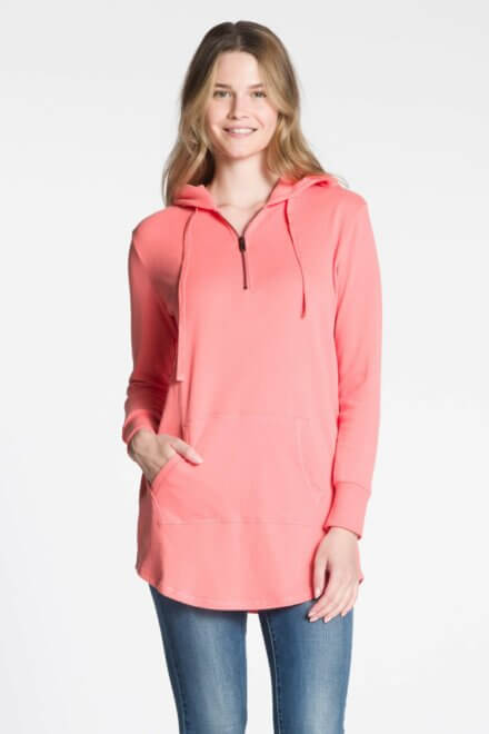 Long Sleeve 1/4 Zip Hooded Tunic Top with Kangaroo Pocket