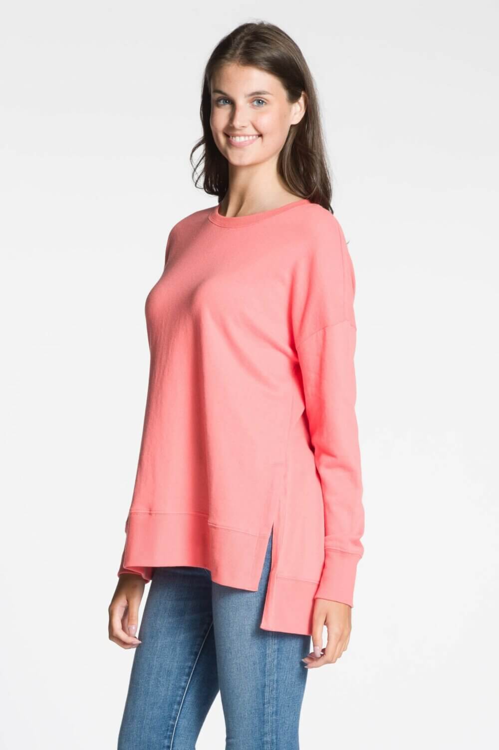 Long Sleeve Crew Neck Top with High-Low Hem and Side Slits - Image 3
