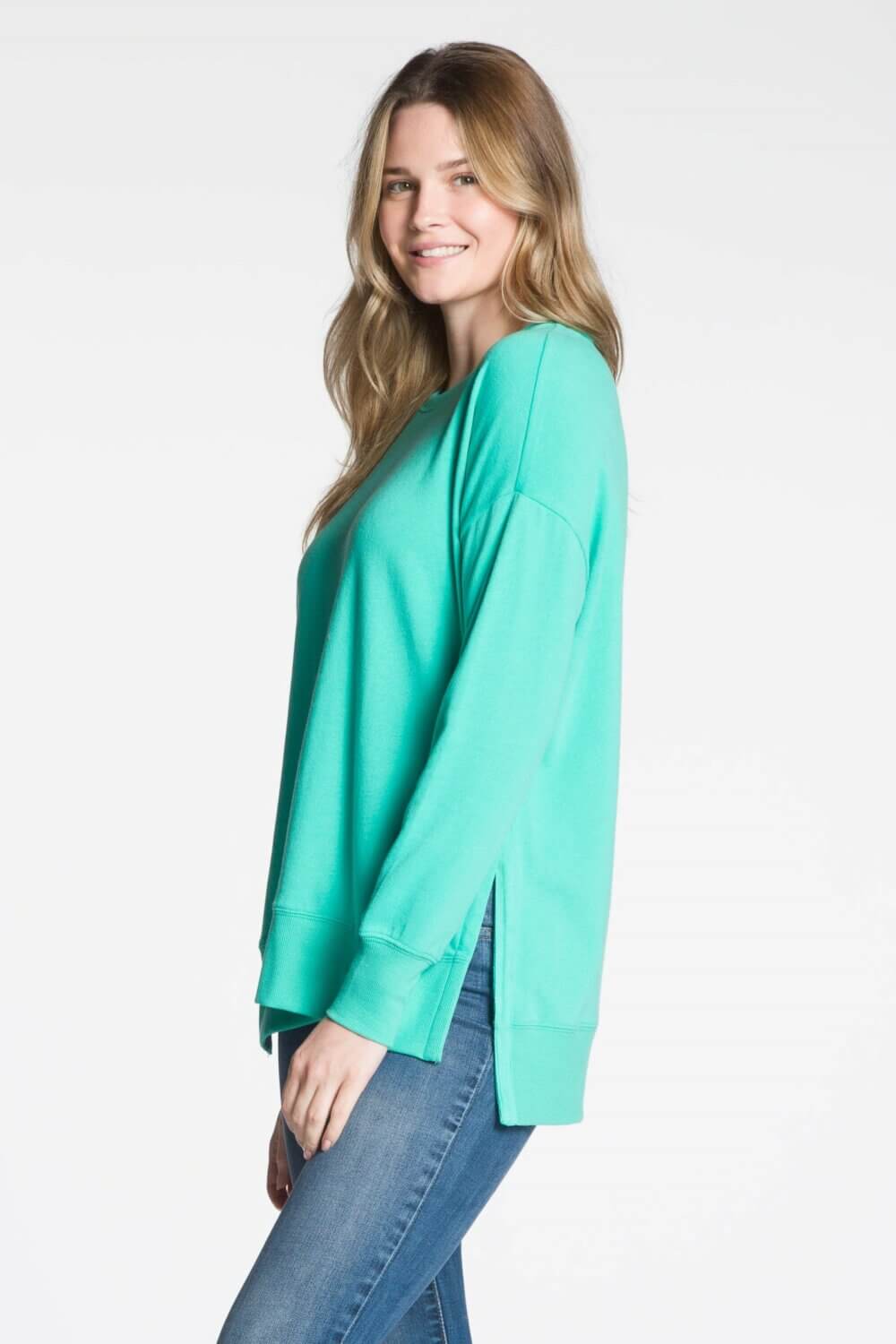 Long Sleeve Crew Neck Top with High-Low Hem and Side Slits - Image 6