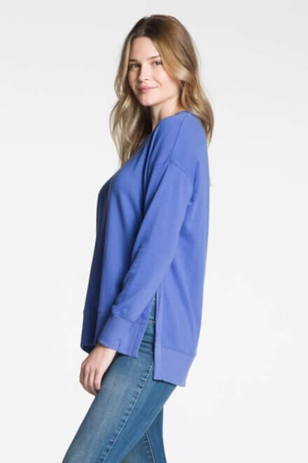 Long Sleeve Crew Neck Top with High-Low Hem and Side Slits