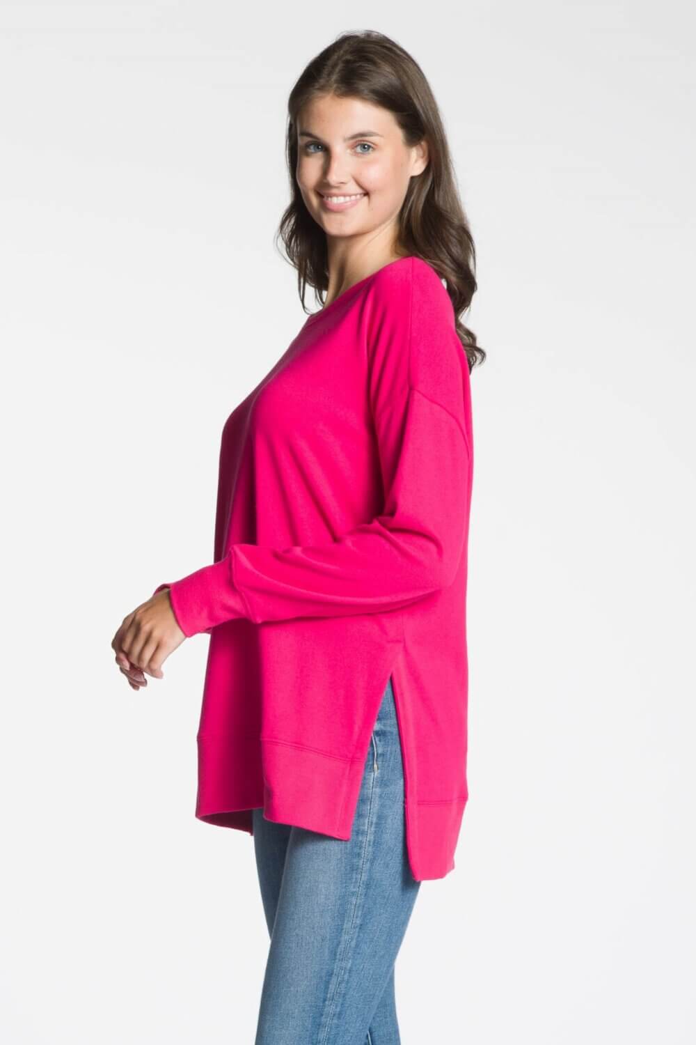 Long Sleeve Crew Neck Top with High-Low Hem and Side Slits - Image 5