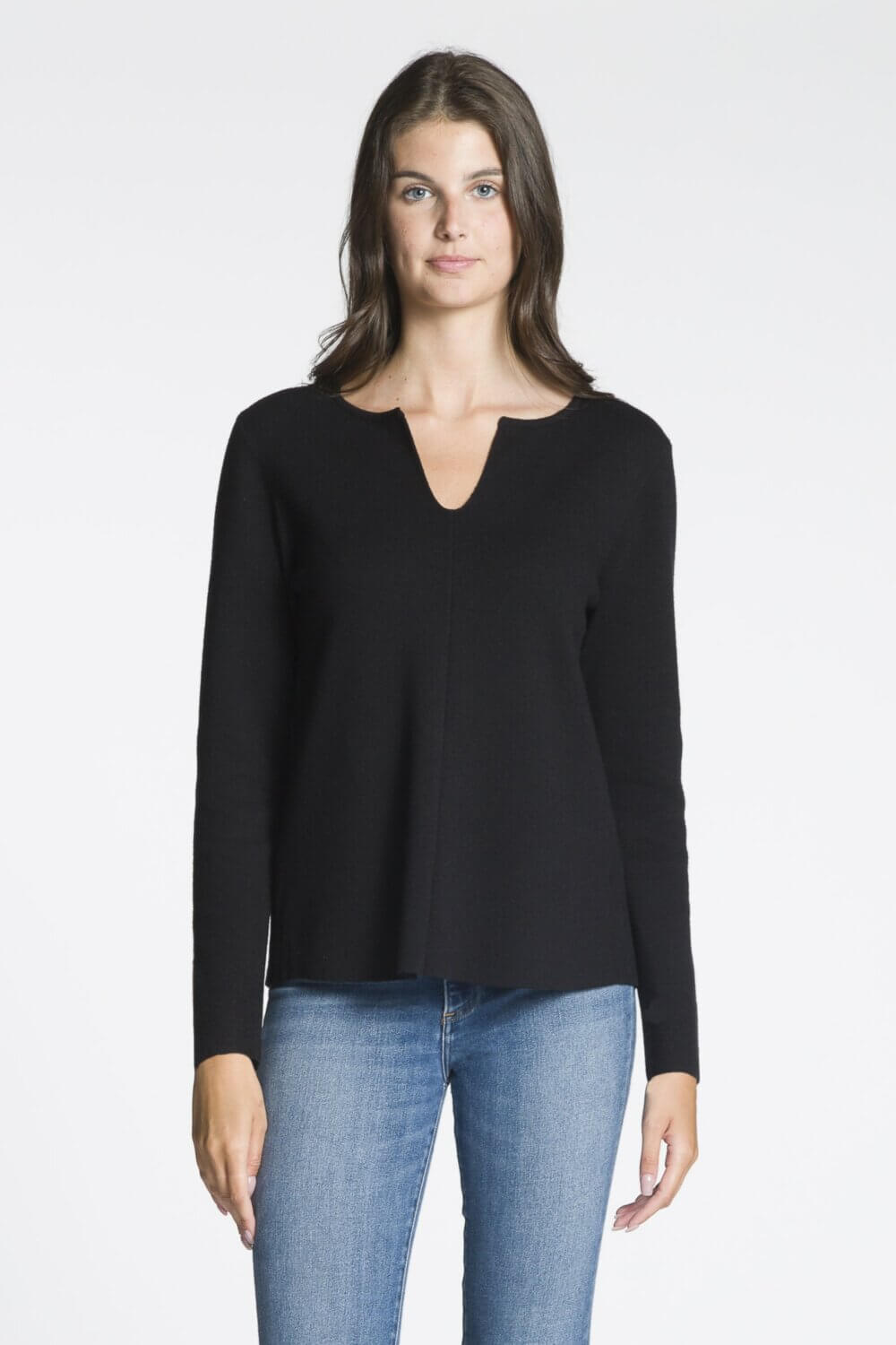 Long Sleeve Split Neck Sweater with Rib Inserts on Back - Image 5