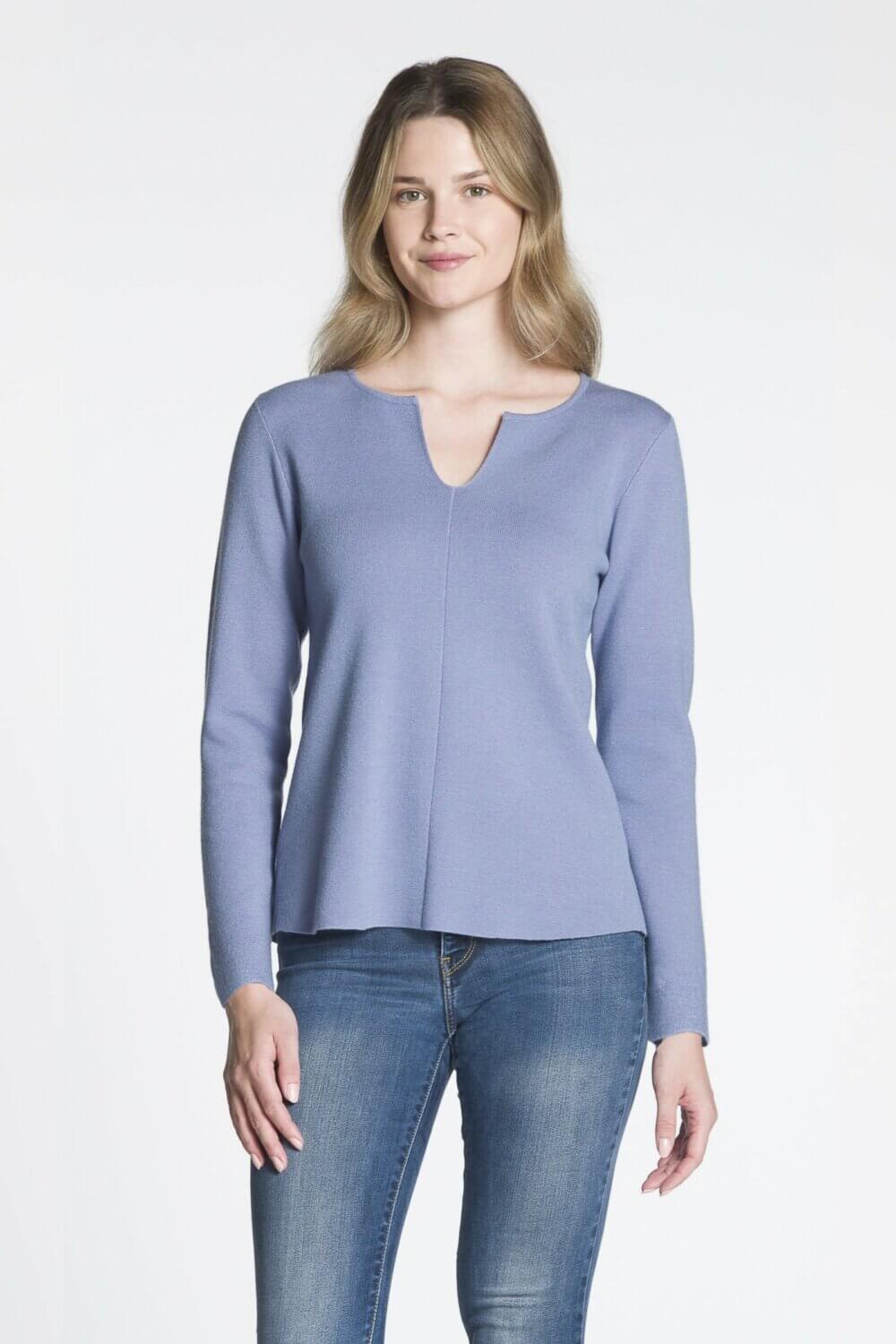 Long Sleeve Split Neck Sweater with Rib Inserts on Back - Image 7