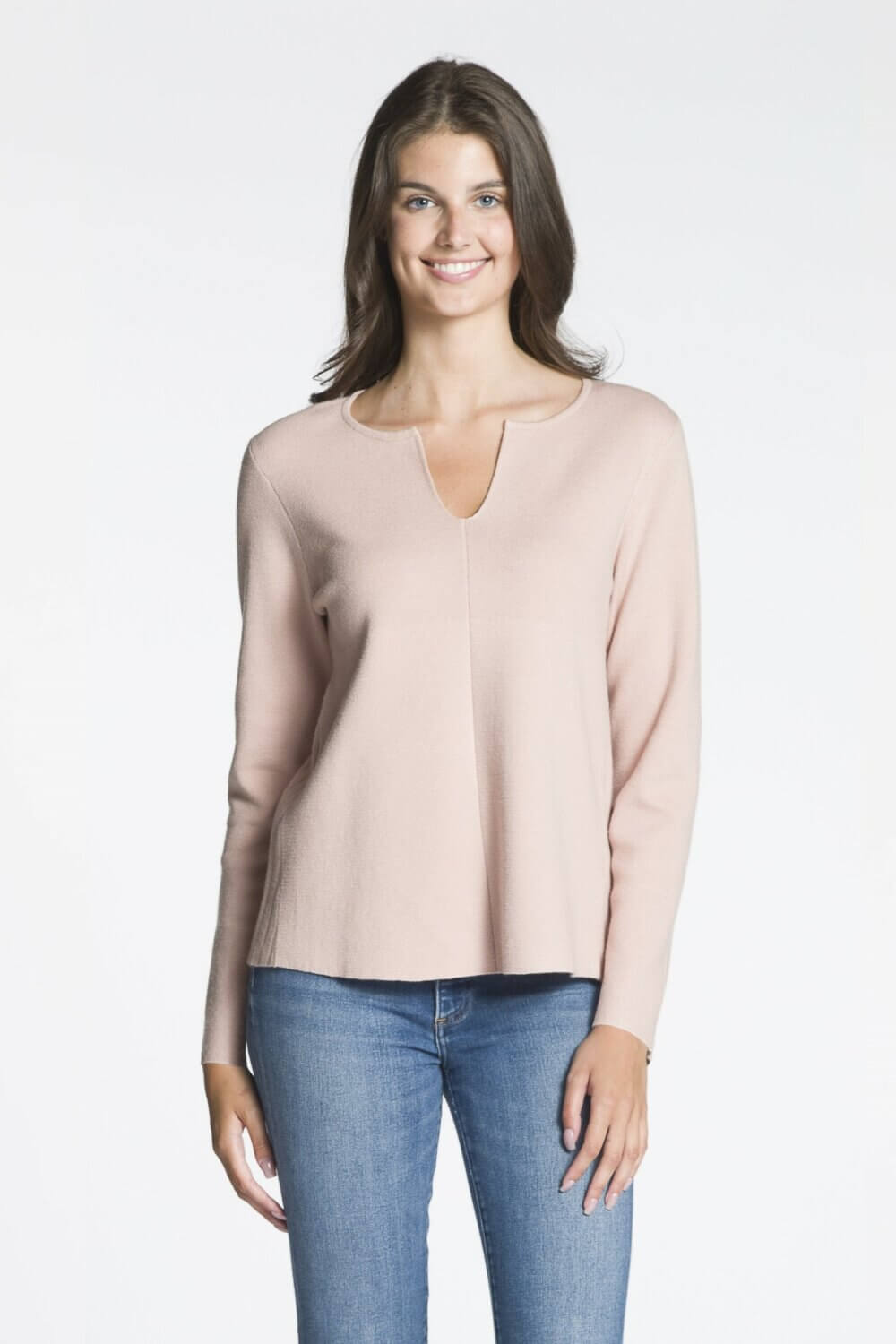 Long Sleeve Split Neck Sweater with Rib Inserts on Back