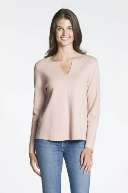 Long Sleeve Split Neck Sweater with Rib Inserts on Back