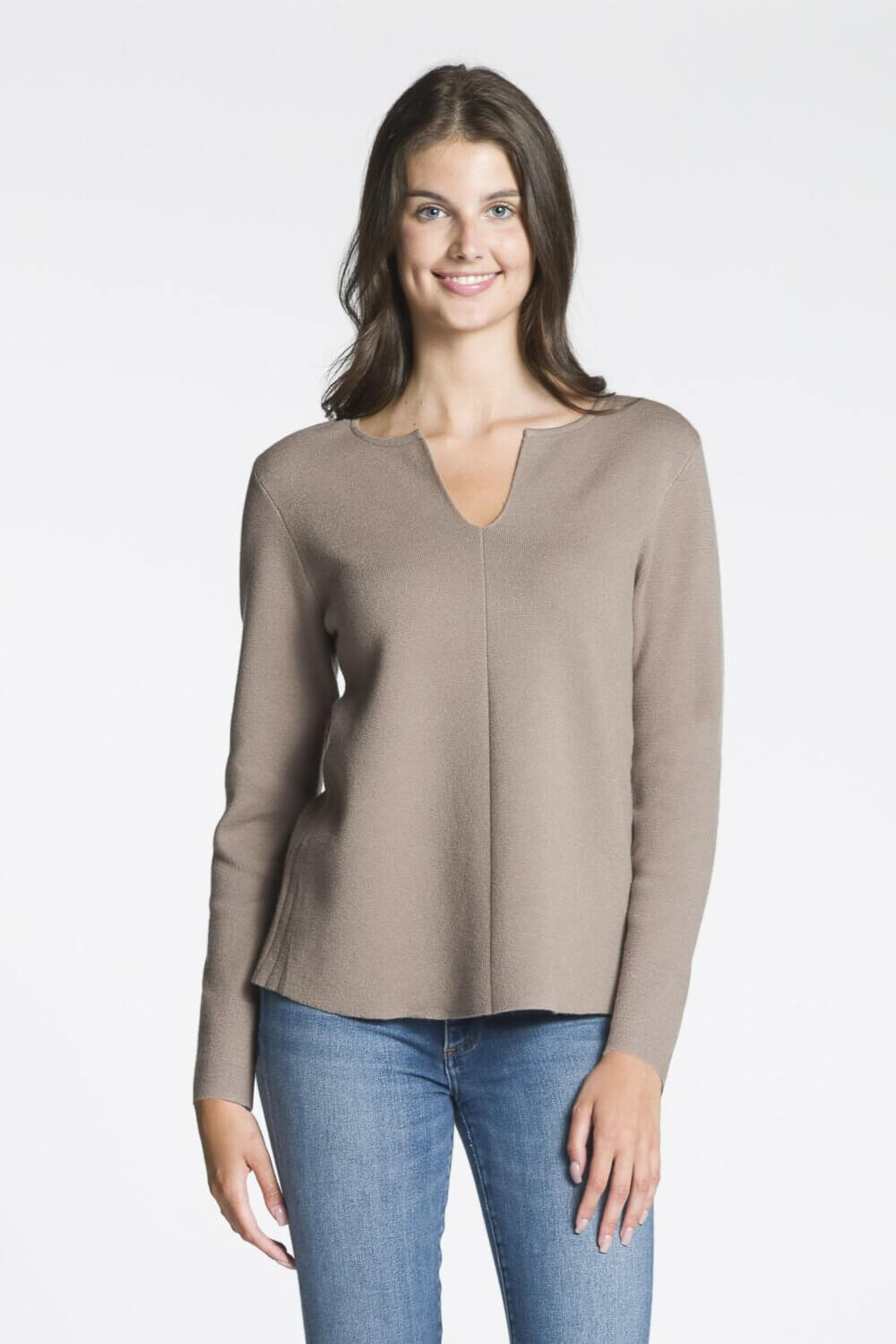 Long Sleeve Split Neck Sweater with Rib Inserts on Back - Image 6