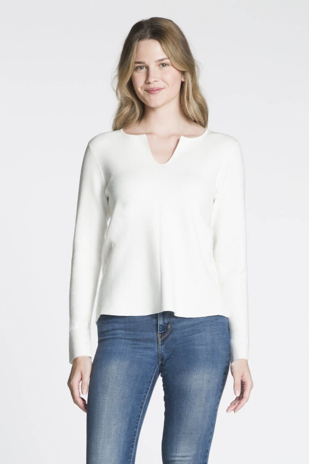 Long Sleeve Split Neck Sweater with Rib Inserts on Back - Image 4