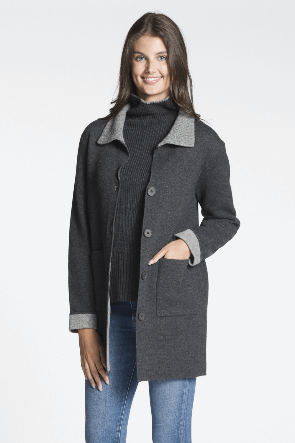 Two Tone Sweater Coat with Patch Pockets - Image 3