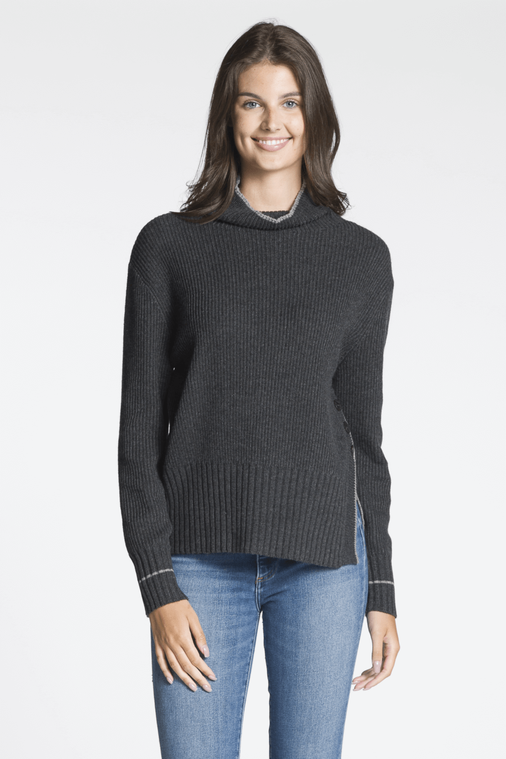 Two Tone Long Sleeve Mock Neck Sweater with 3 Button Side Slit Detail