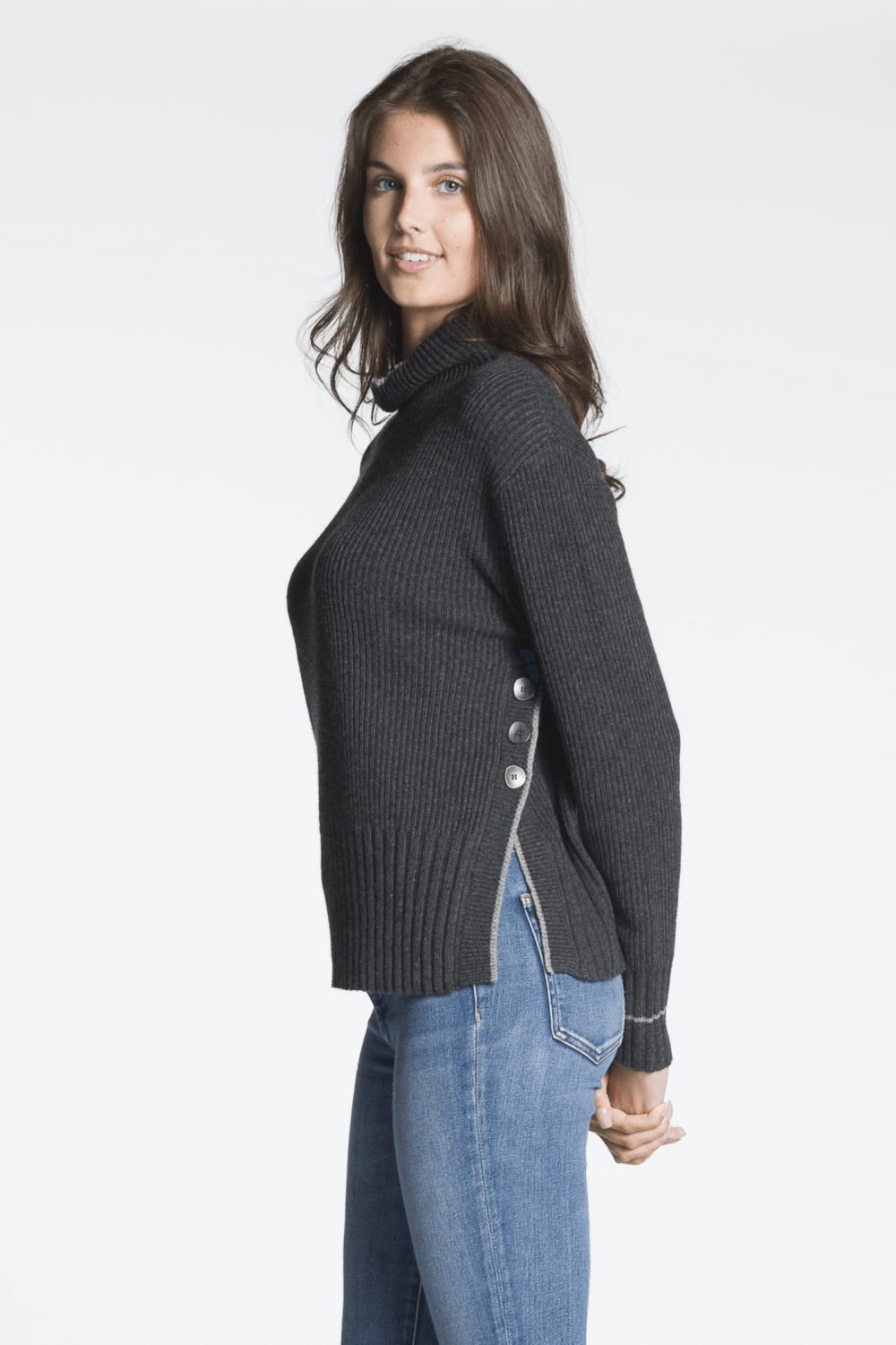 Two Tone Long Sleeve Mock Neck Sweater with 3 Button Side Slit Detail - Image 3