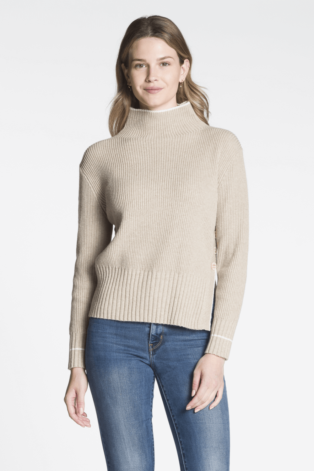 Two Tone Long Sleeve Mock Neck Sweater with 3 Button Side Slit Detail - Image 4
