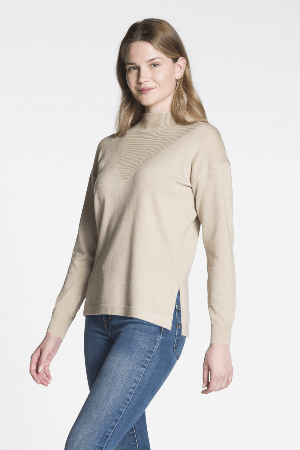 Long Sleeve Funnel Neck Sweater with Side Slits