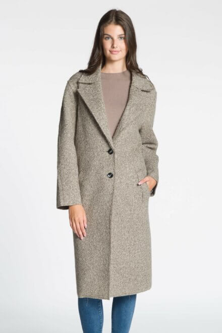 Long Coat with Rough Edge Finish, 3 Buttons and Side Seam Pockets