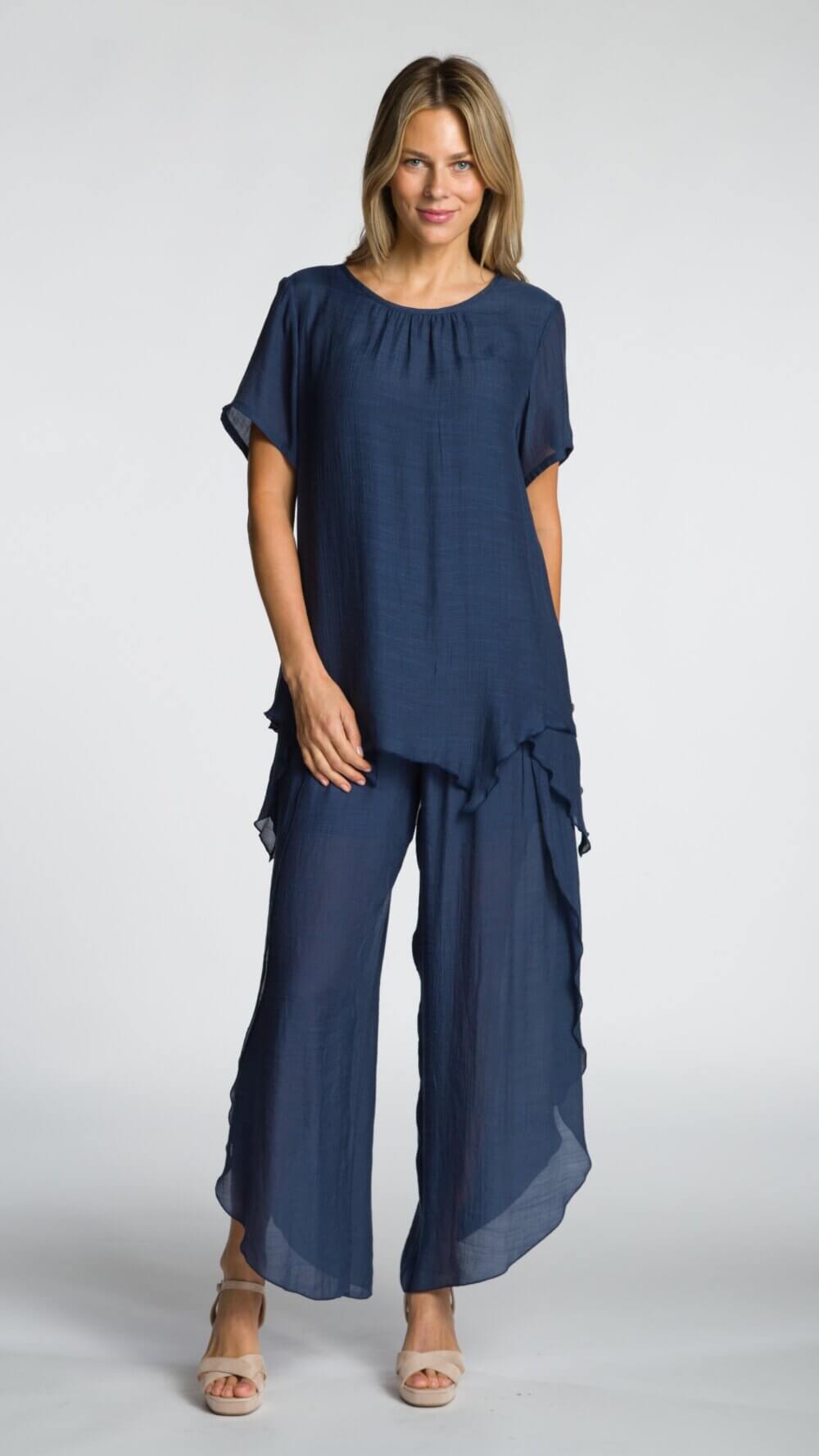 Short Sleeve Round Neck Layered Top with Button Detail