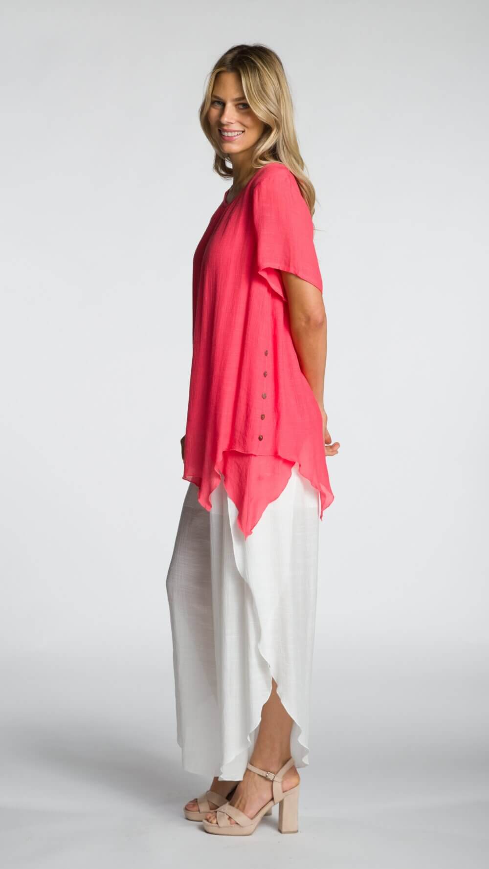 Short Sleeve Round Neck Layered Top with Button Detail - Image 2