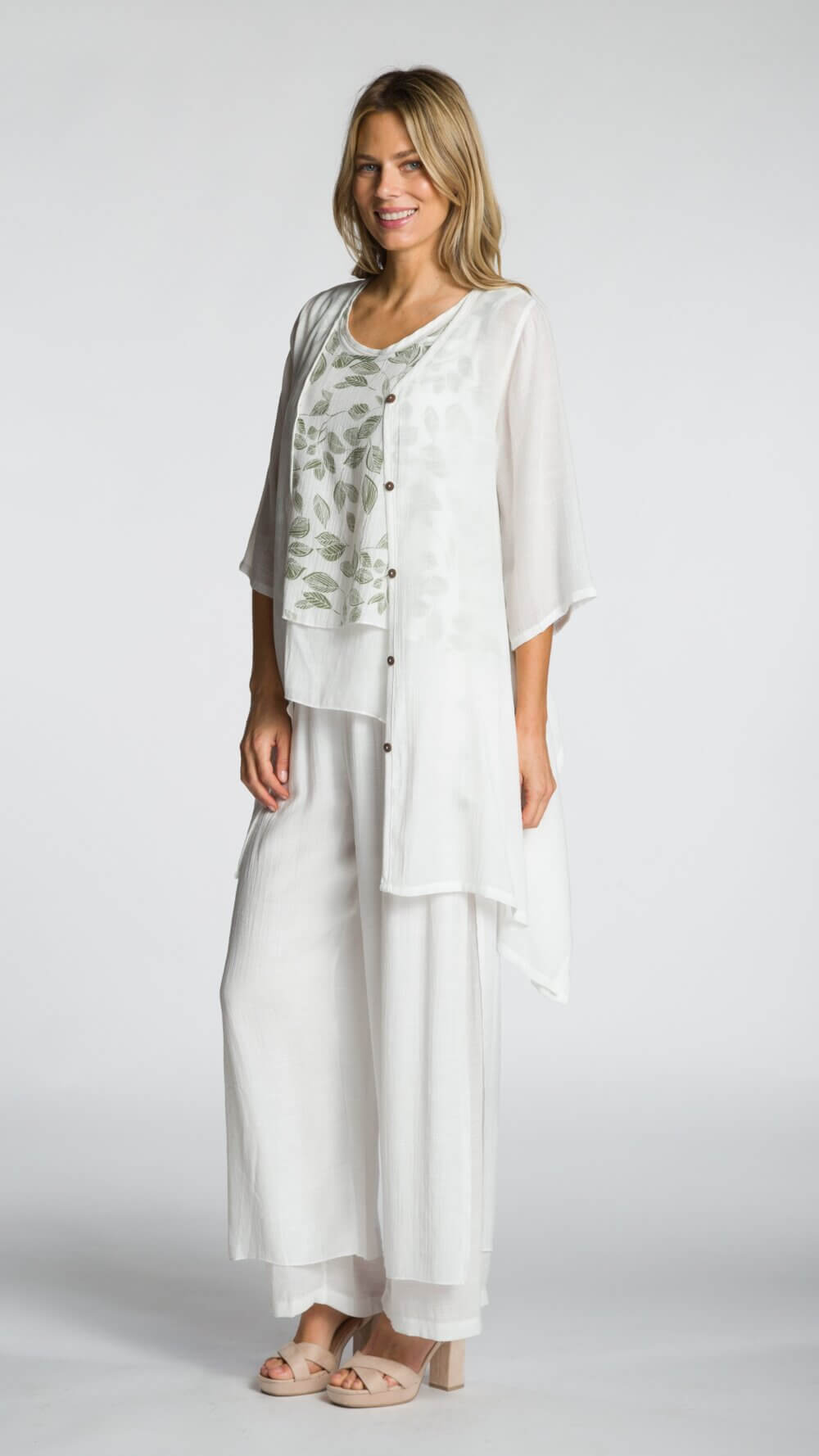 3/4 Sleeve V-Neck Button Front Cardigan with Asymmetrical Hemline - Image 3