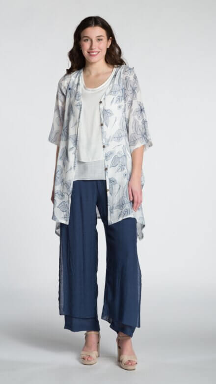 Printed 3/4 Sleeve V-Neck Button Front Cardigan with Asymmetrical Hemline