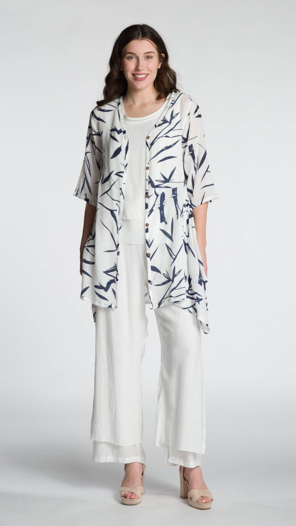 Printed 3/4 Sleeve V-Neck Button Front Cardigan with Asymmetrical Hemline - Image 2