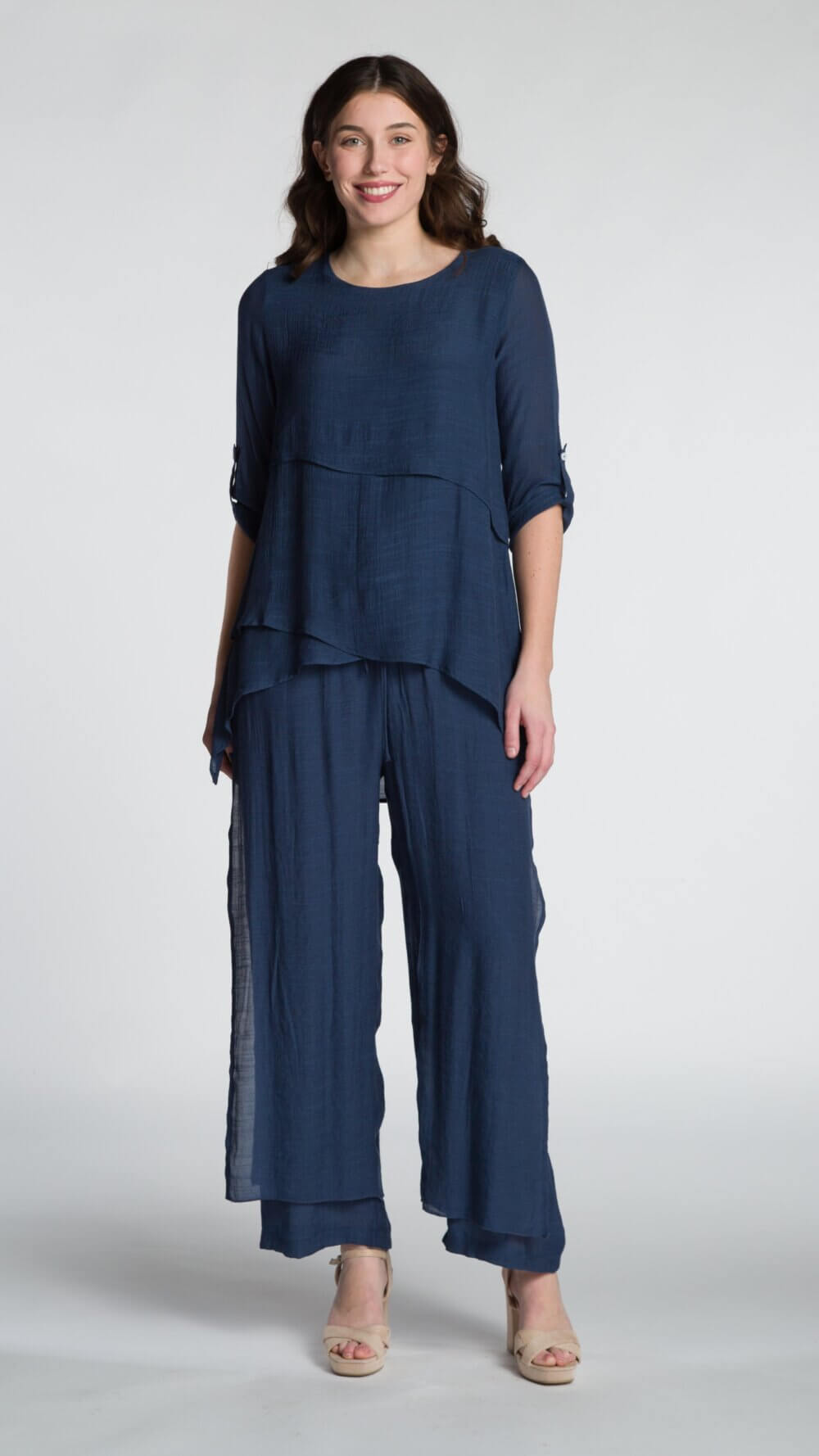Roll Sleeve Scoop Neck Layered Blouse - Image 3