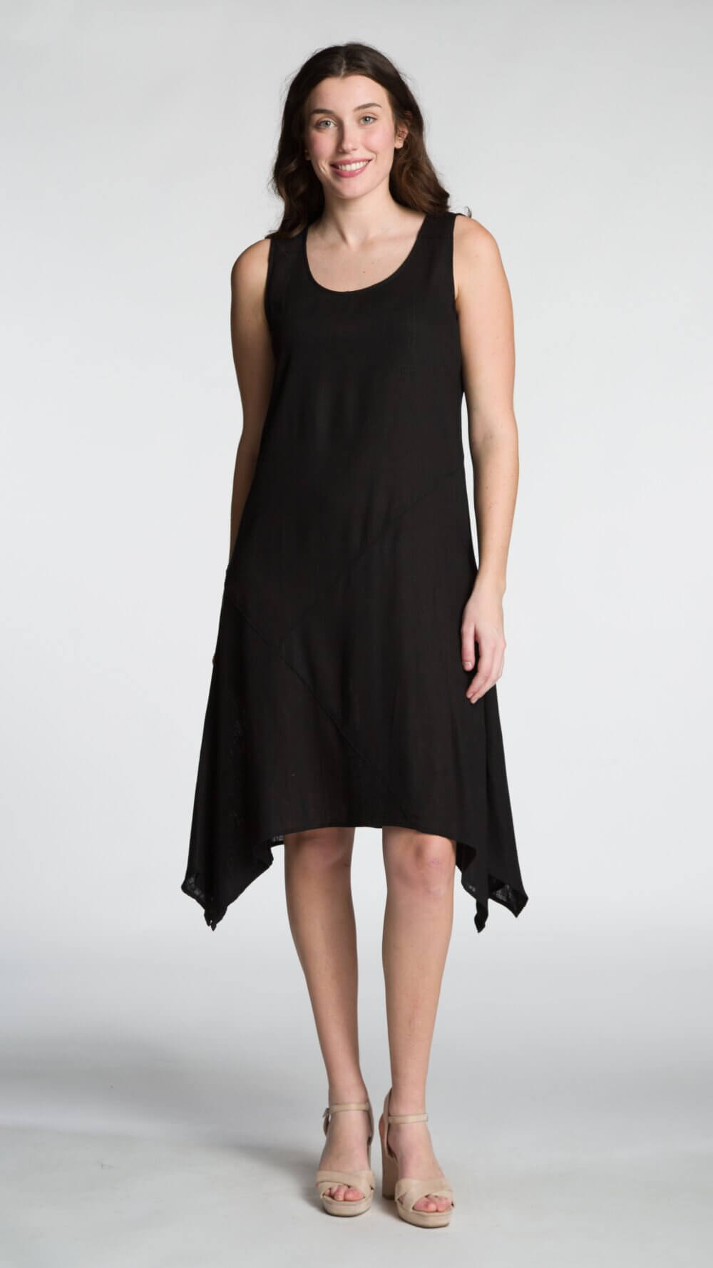 Sleeveless Scoop Neck Draped Asymmetrical Midi Dress with Cut & Sew Details - Image 2