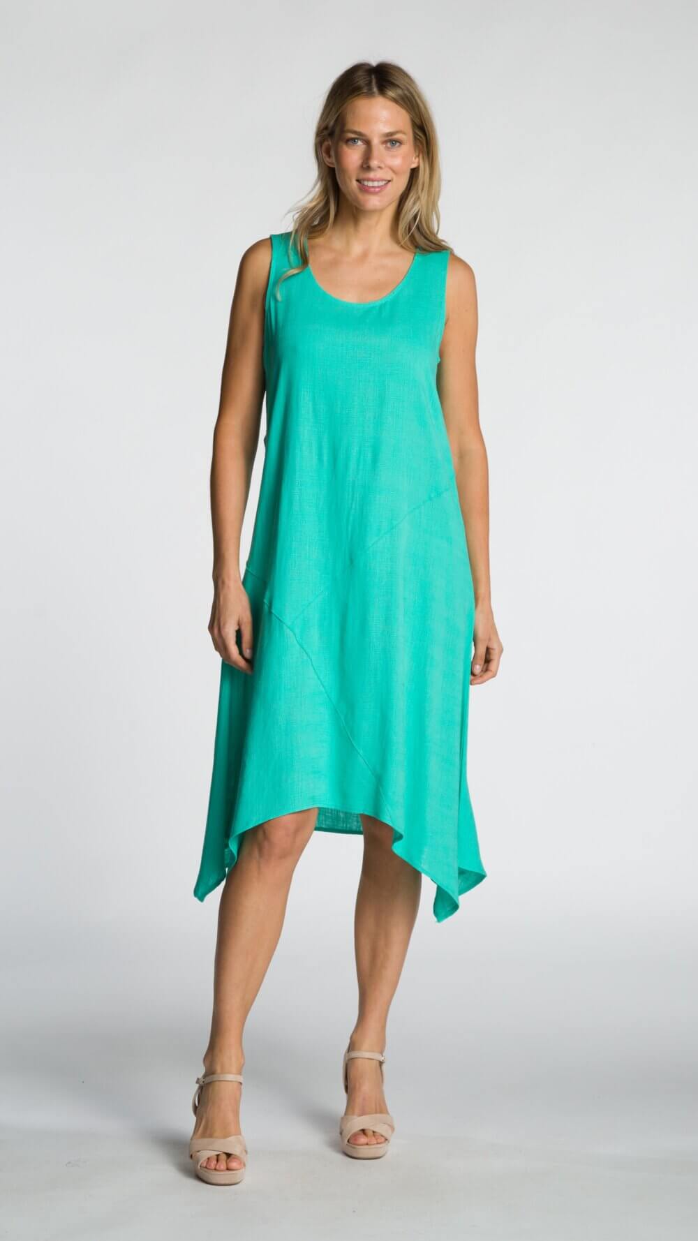Sleeveless Scoop Neck Draped Asymmetrical Midi Dress with Cut & Sew Details - Image 7