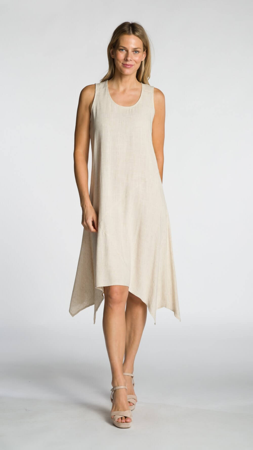 Sleeveless Scoop Neck Draped Asymmetrical Midi Dress with Cut & Sew Details - Image 3