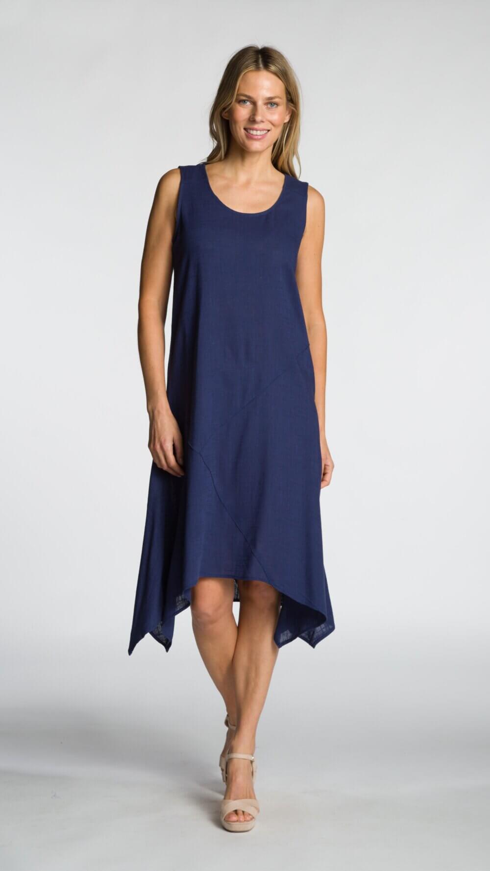 Sleeveless Scoop Neck Draped Asymmetrical Midi Dress with Cut & Sew Details - Image 4