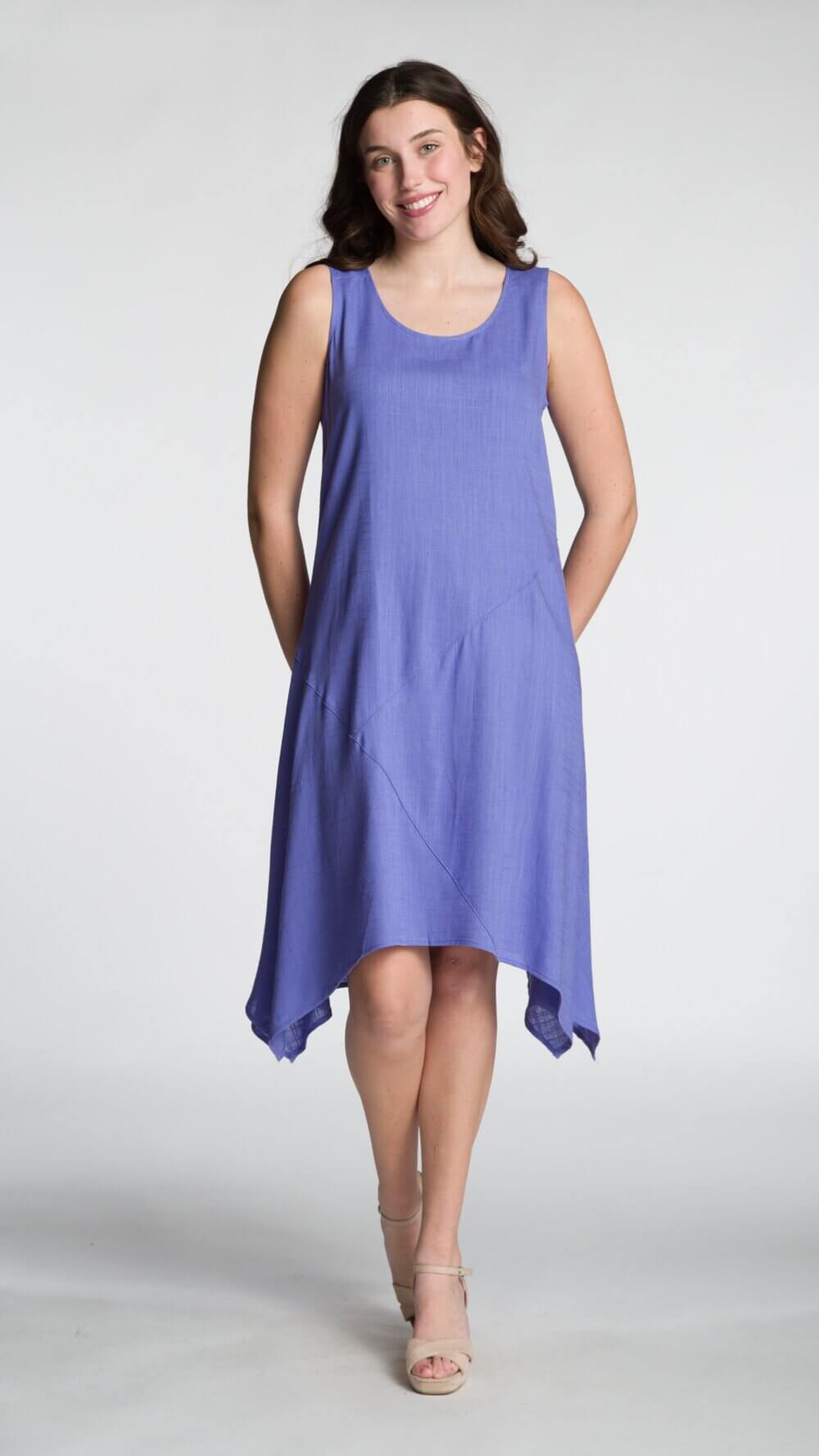 Sleeveless Scoop Neck Draped Asymmetrical Midi Dress with Cut & Sew Details - Image 6