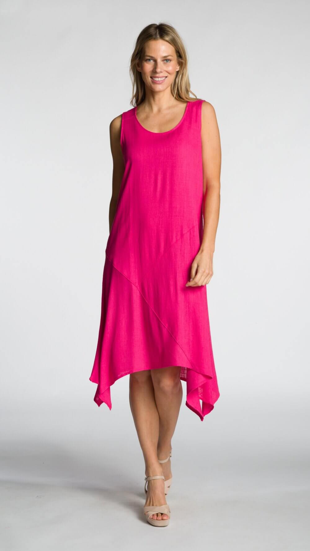 Sleeveless Scoop Neck Draped Asymmetrical Midi Dress with Cut & Sew Details - Image 8