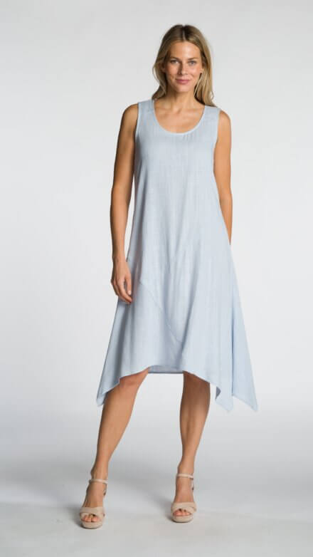 Sleeveless Scoop Neck Draped Asymmetrical Midi Dress with Cut & Sew Details
