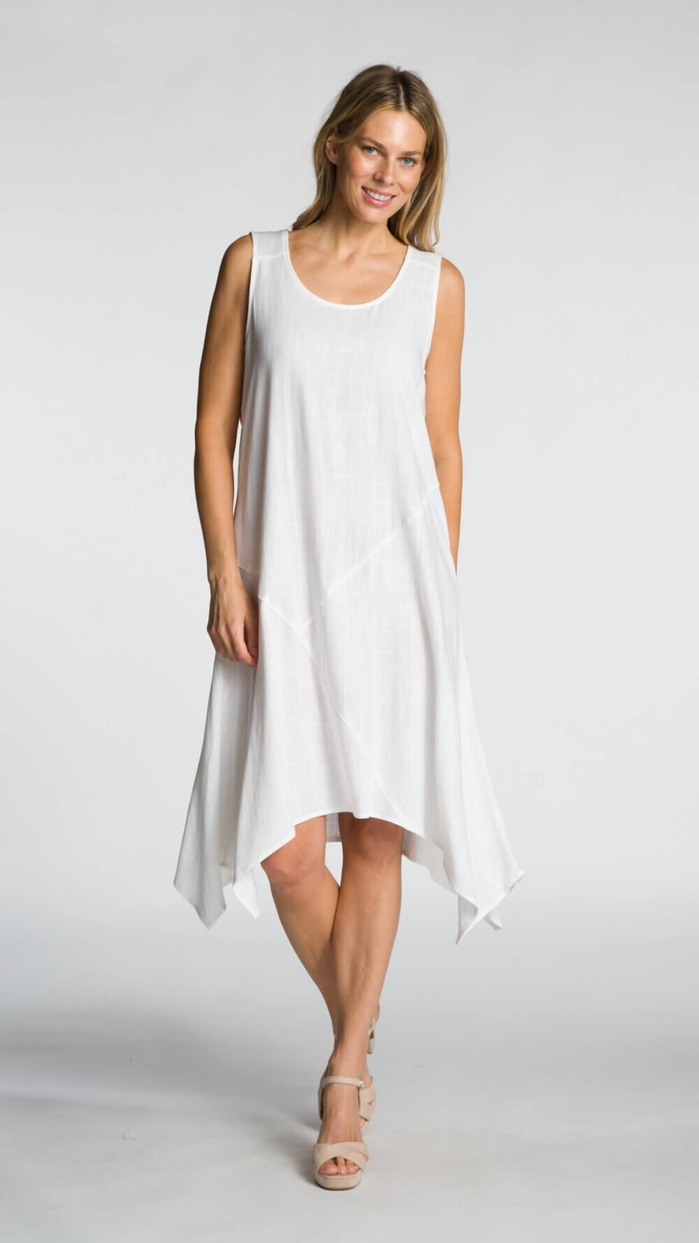 Sleeveless Scoop Neck Draped Asymmetrical Midi Dress with Cut & Sew Details - Image 5