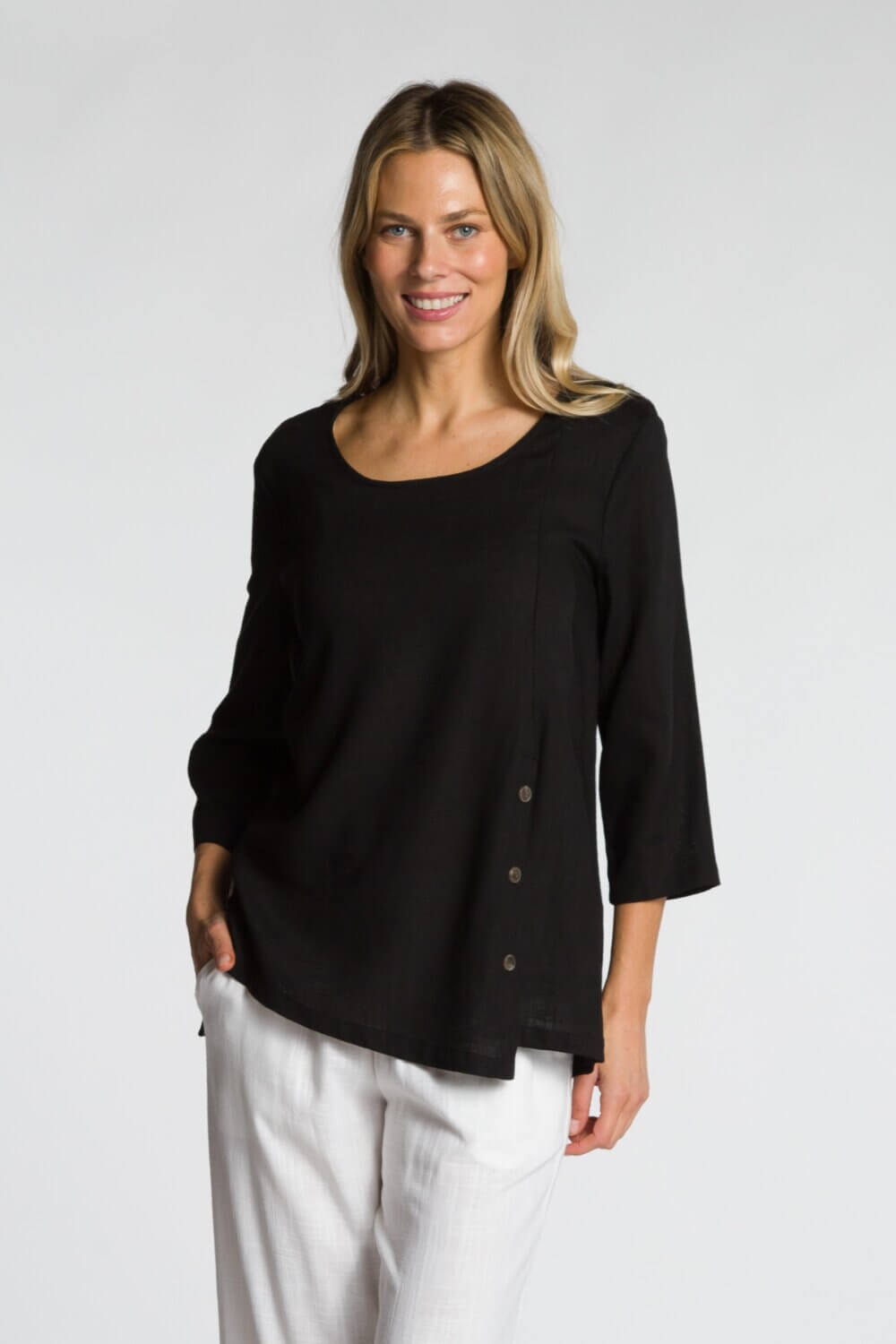 3/4 Sleeve Scoop Neck Top with Front Button Detail - Image 2